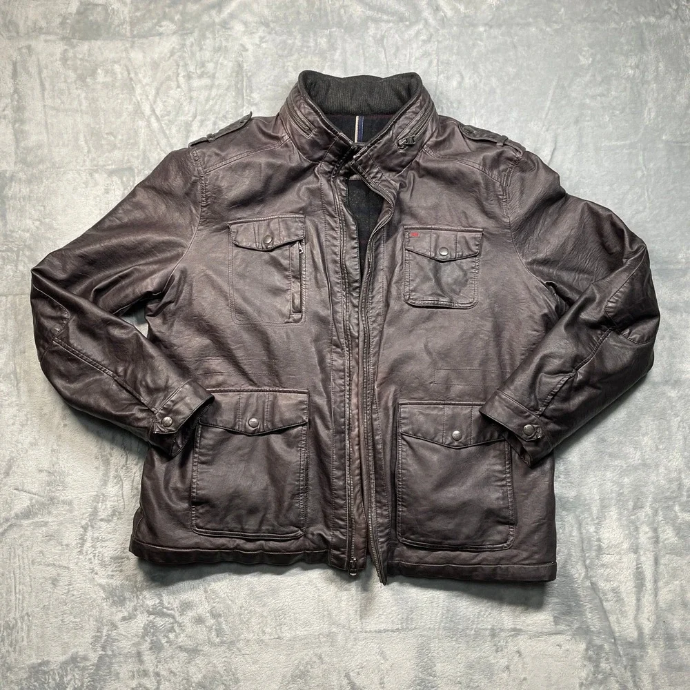 Levi's Mens Faux Leather Lined Hooded Bomber Jacket Coat Dark Brown Size XL READ